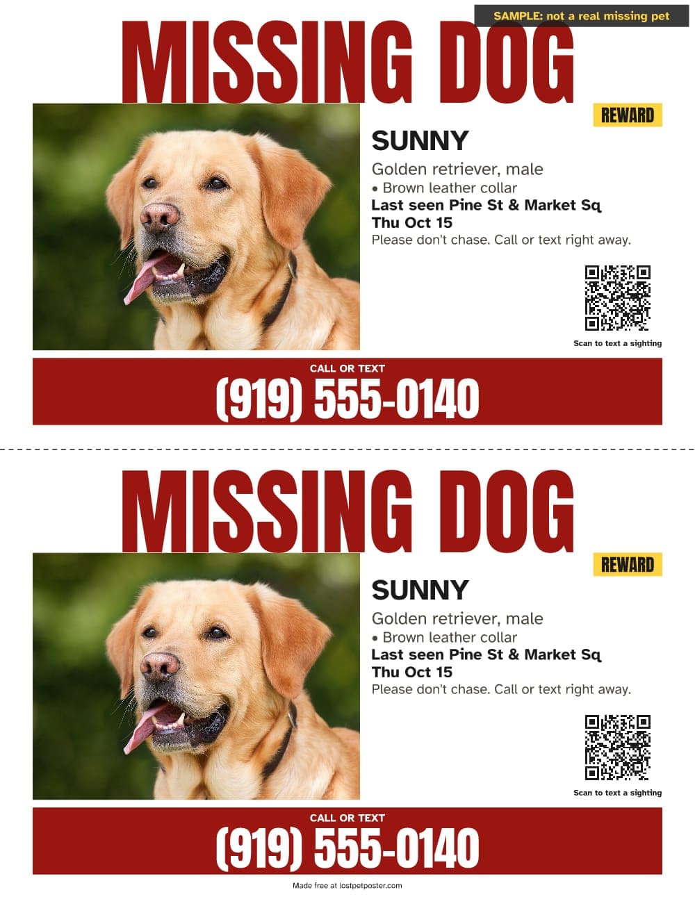 SAMPLE, not a real missing pet: MISSING DOG flyer with a yellow REWARD badge for a golden retriever named Sunny